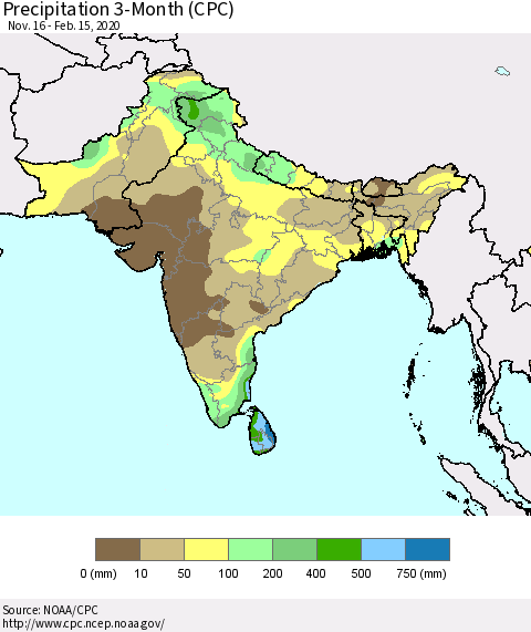 Southern Asia Precipitation 3-Month (CPC) Thematic Map For 11/16/2019 - 2/15/2020