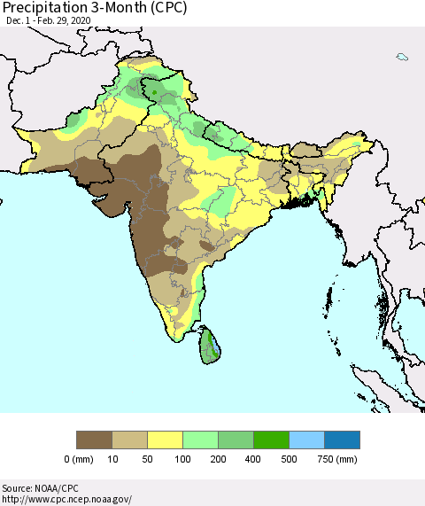 Southern Asia Precipitation 3-Month (CPC) Thematic Map For 12/1/2019 - 2/29/2020
