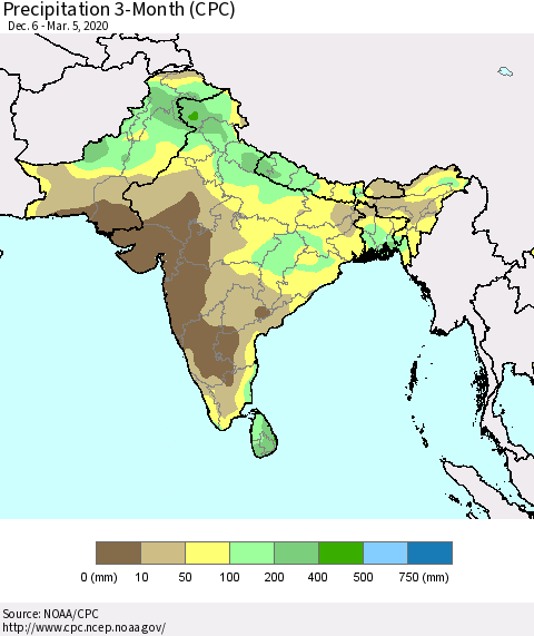 Southern Asia Precipitation 3-Month (CPC) Thematic Map For 12/6/2019 - 3/5/2020