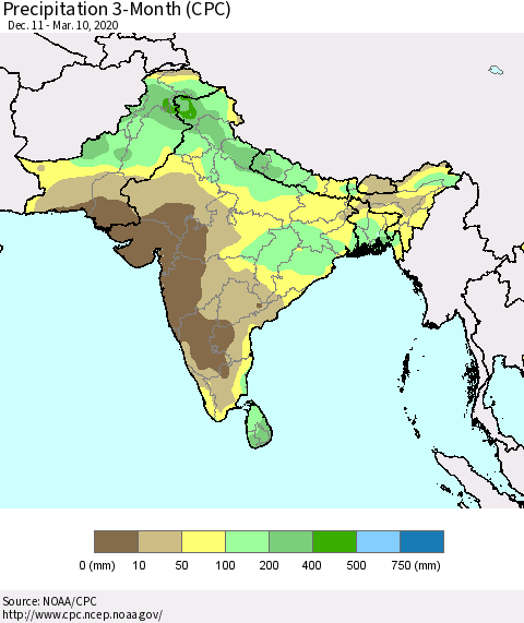 Southern Asia Precipitation 3-Month (CPC) Thematic Map For 12/11/2019 - 3/10/2020