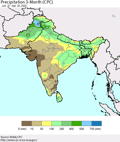 Southern Asia Precipitation 3-Month (CPC) Thematic Map For 1/21/2020 - 4/20/2020