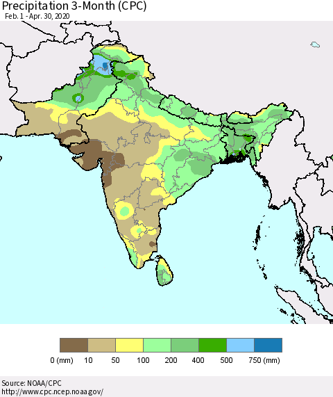 Southern Asia Precipitation 3-Month (CPC) Thematic Map For 2/1/2020 - 4/30/2020