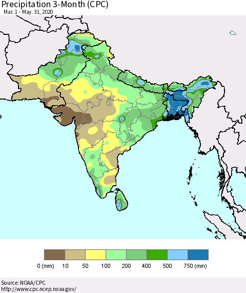 Southern Asia Precipitation 3-Month (CPC) Thematic Map For 3/1/2020 - 5/31/2020