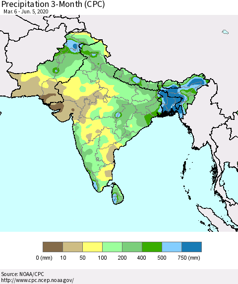 Southern Asia Precipitation 3-Month (CPC) Thematic Map For 3/6/2020 - 6/5/2020