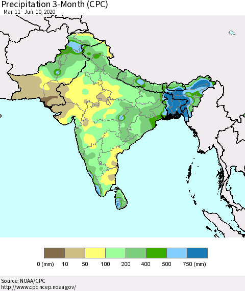 Southern Asia Precipitation 3-Month (CPC) Thematic Map For 3/11/2020 - 6/10/2020