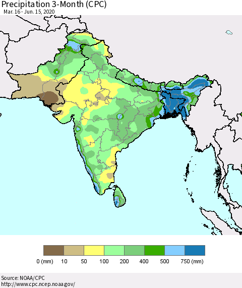 Southern Asia Precipitation 3-Month (CPC) Thematic Map For 3/16/2020 - 6/15/2020
