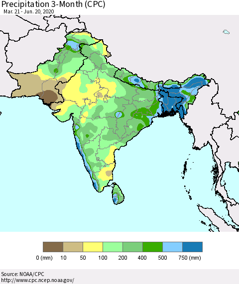 Southern Asia Precipitation 3-Month (CPC) Thematic Map For 3/21/2020 - 6/20/2020