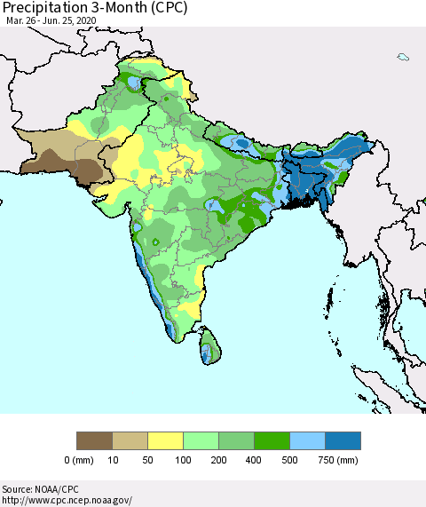 Southern Asia Precipitation 3-Month (CPC) Thematic Map For 3/26/2020 - 6/25/2020