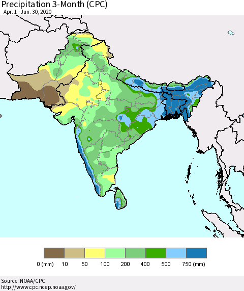 Southern Asia Precipitation 3-Month (CPC) Thematic Map For 4/1/2020 - 6/30/2020