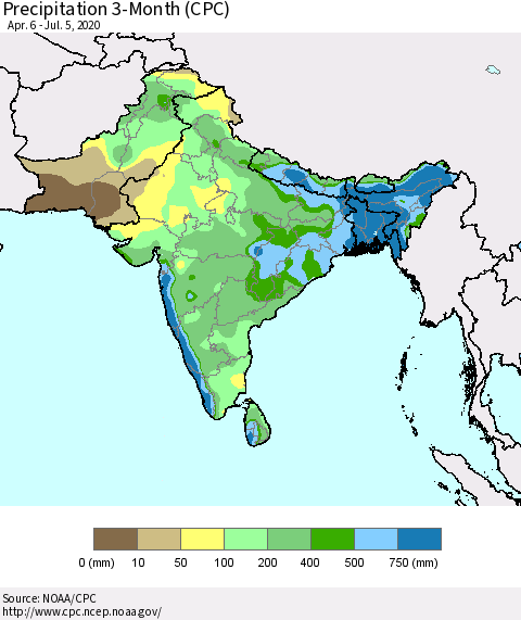 Southern Asia Precipitation 3-Month (CPC) Thematic Map For 4/6/2020 - 7/5/2020