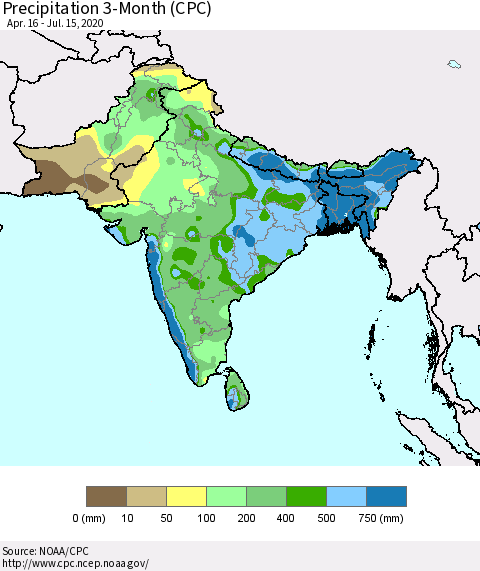 Southern Asia Precipitation 3-Month (CPC) Thematic Map For 4/16/2020 - 7/15/2020