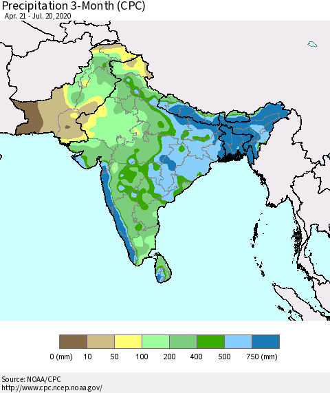 Southern Asia Precipitation 3-Month (CPC) Thematic Map For 4/21/2020 - 7/20/2020