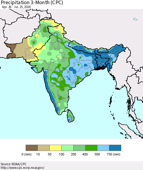 Southern Asia Precipitation 3-Month (CPC) Thematic Map For 4/26/2020 - 7/25/2020