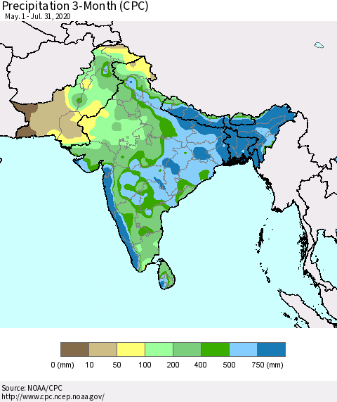 Southern Asia Precipitation 3-Month (CPC) Thematic Map For 5/1/2020 - 7/31/2020