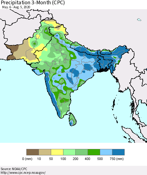 Southern Asia Precipitation 3-Month (CPC) Thematic Map For 5/6/2020 - 8/5/2020
