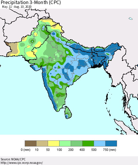 Southern Asia Precipitation 3-Month (CPC) Thematic Map For 5/11/2020 - 8/10/2020