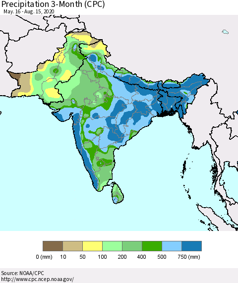 Southern Asia Precipitation 3-Month (CPC) Thematic Map For 5/16/2020 - 8/15/2020