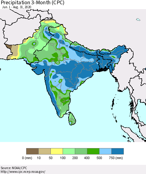 Southern Asia Precipitation 3-Month (CPC) Thematic Map For 6/1/2020 - 8/31/2020