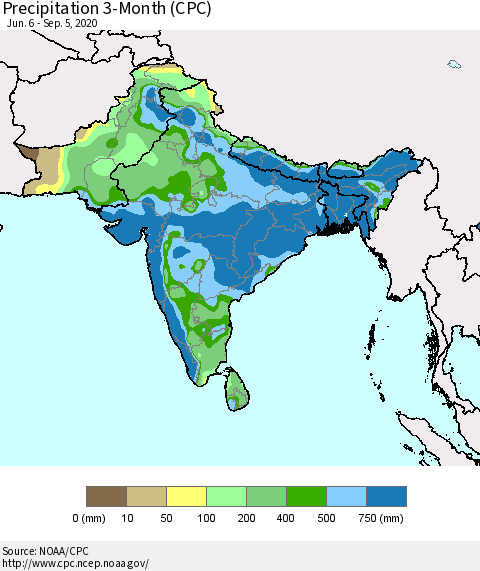 Southern Asia Precipitation 3-Month (CPC) Thematic Map For 6/6/2020 - 9/5/2020