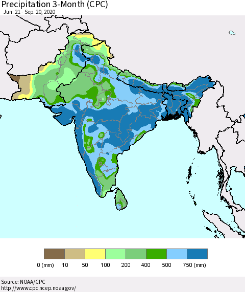 Southern Asia Precipitation 3-Month (CPC) Thematic Map For 6/21/2020 - 9/20/2020