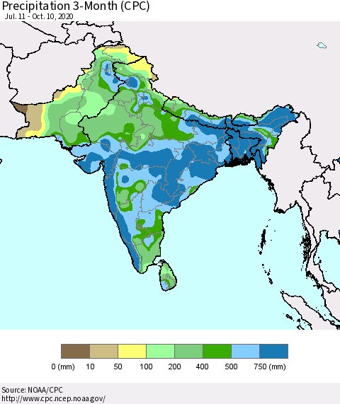 Southern Asia Precipitation 3-Month (CPC) Thematic Map For 7/11/2020 - 10/10/2020