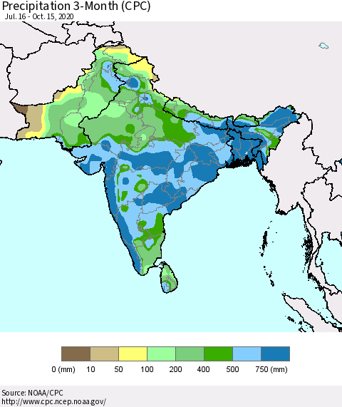 Southern Asia Precipitation 3-Month (CPC) Thematic Map For 7/16/2020 - 10/15/2020