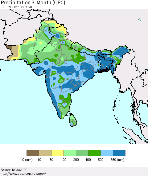 Southern Asia Precipitation 3-Month (CPC) Thematic Map For 7/21/2020 - 10/20/2020