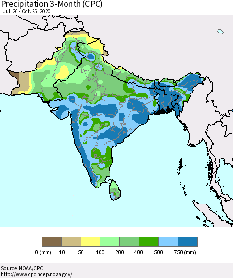 Southern Asia Precipitation 3-Month (CPC) Thematic Map For 7/26/2020 - 10/25/2020