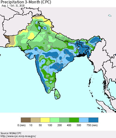 Southern Asia Precipitation 3-Month (CPC) Thematic Map For 8/1/2020 - 10/31/2020
