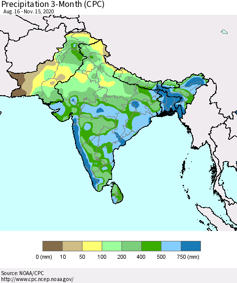 Southern Asia Precipitation 3-Month (CPC) Thematic Map For 8/16/2020 - 11/15/2020