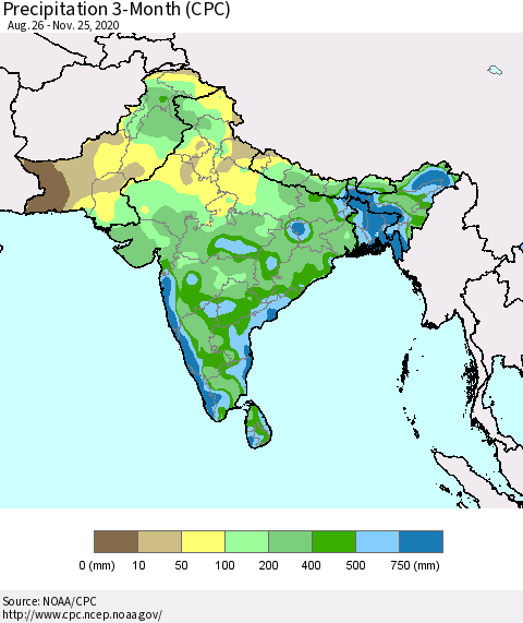 Southern Asia Precipitation 3-Month (CPC) Thematic Map For 8/26/2020 - 11/25/2020