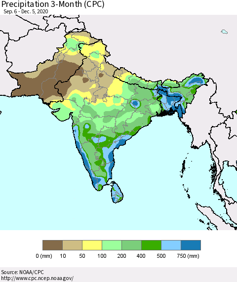 Southern Asia Precipitation 3-Month (CPC) Thematic Map For 9/6/2020 - 12/5/2020