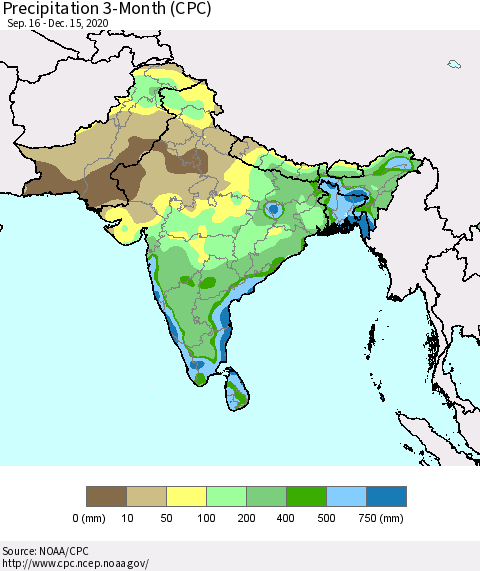 Southern Asia Precipitation 3-Month (CPC) Thematic Map For 9/16/2020 - 12/15/2020