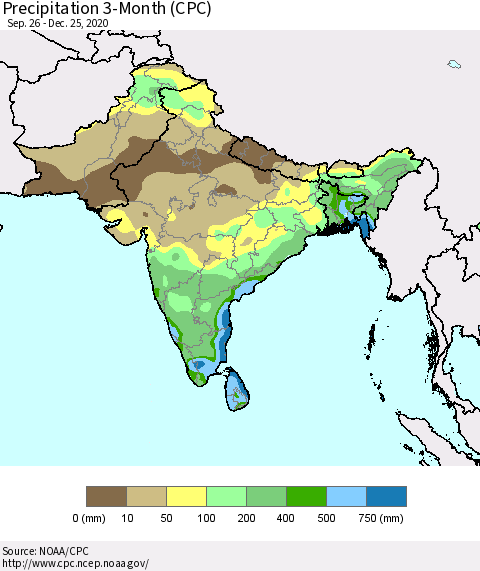 Southern Asia Precipitation 3-Month (CPC) Thematic Map For 9/26/2020 - 12/25/2020