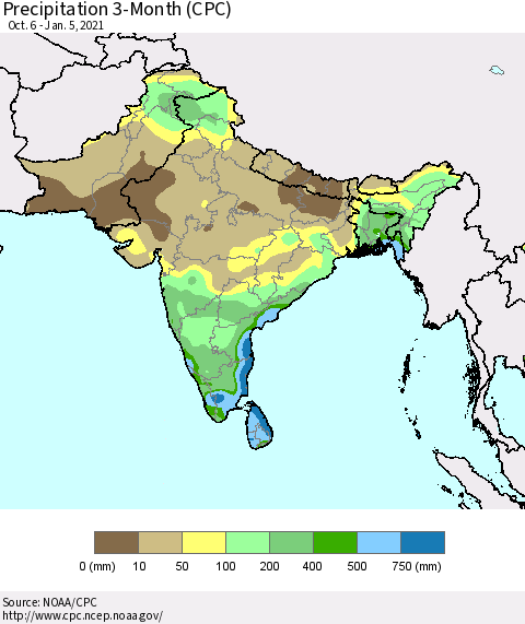 Southern Asia Precipitation 3-Month (CPC) Thematic Map For 10/6/2020 - 1/5/2021