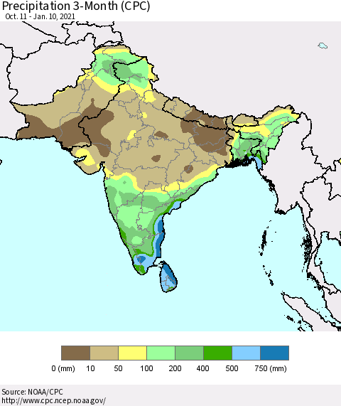 Southern Asia Precipitation 3-Month (CPC) Thematic Map For 10/11/2020 - 1/10/2021