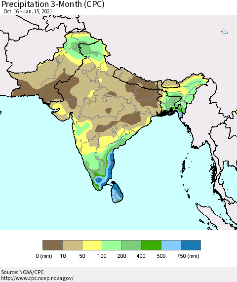 Southern Asia Precipitation 3-Month (CPC) Thematic Map For 10/16/2020 - 1/15/2021