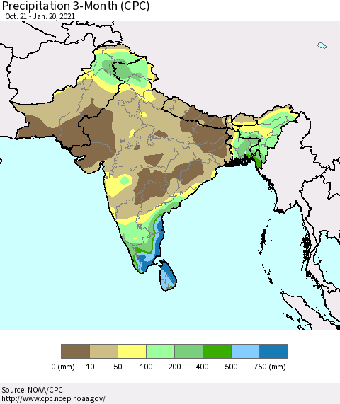Southern Asia Precipitation 3-Month (CPC) Thematic Map For 10/21/2020 - 1/20/2021