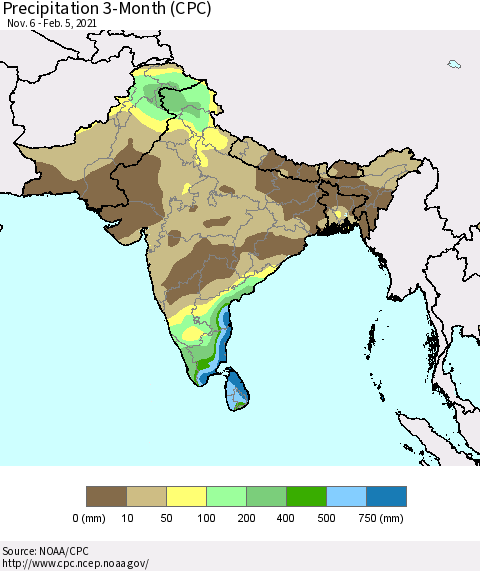 Southern Asia Precipitation 3-Month (CPC) Thematic Map For 11/6/2020 - 2/5/2021