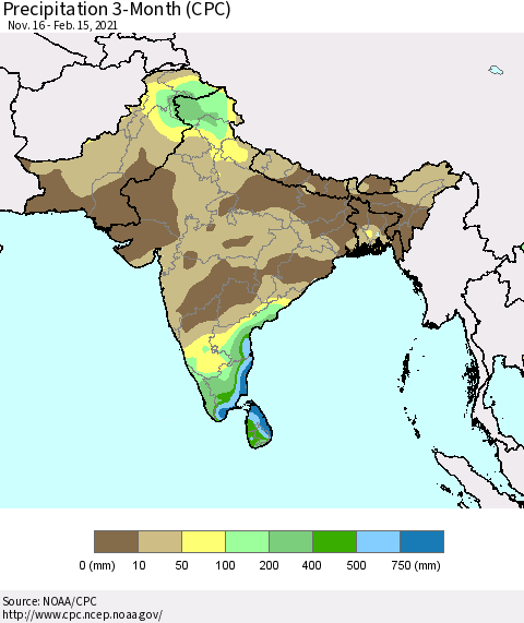 Southern Asia Precipitation 3-Month (CPC) Thematic Map For 11/16/2020 - 2/15/2021