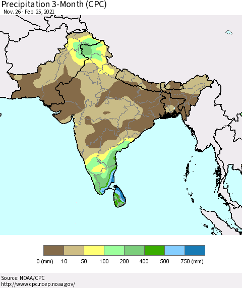 Southern Asia Precipitation 3-Month (CPC) Thematic Map For 11/26/2020 - 2/25/2021