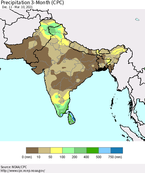 Southern Asia Precipitation 3-Month (CPC) Thematic Map For 12/11/2020 - 3/10/2021