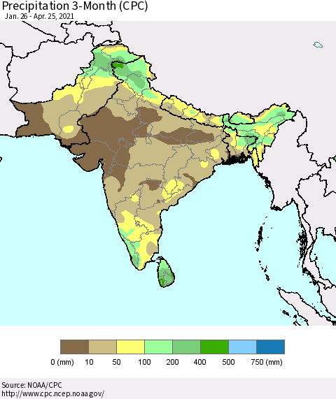 Southern Asia Precipitation 3-Month (CPC) Thematic Map For 1/26/2021 - 4/25/2021