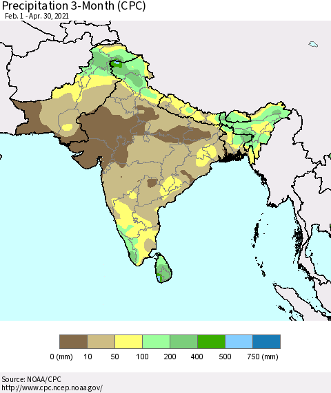 Southern Asia Precipitation 3-Month (CPC) Thematic Map For 2/1/2021 - 4/30/2021