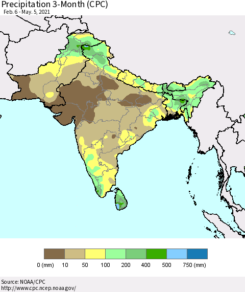 Southern Asia Precipitation 3-Month (CPC) Thematic Map For 2/6/2021 - 5/5/2021