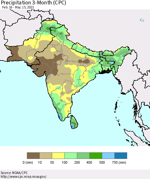 Southern Asia Precipitation 3-Month (CPC) Thematic Map For 2/16/2021 - 5/15/2021