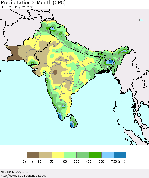 Southern Asia Precipitation 3-Month (CPC) Thematic Map For 2/26/2021 - 5/25/2021