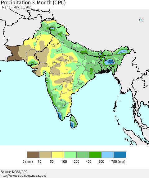 Southern Asia Precipitation 3-Month (CPC) Thematic Map For 3/1/2021 - 5/31/2021