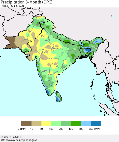Southern Asia Precipitation 3-Month (CPC) Thematic Map For 3/6/2021 - 6/5/2021