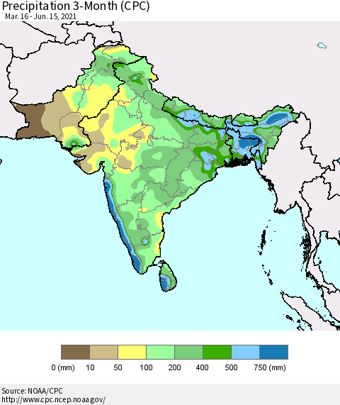 Southern Asia Precipitation 3-Month (CPC) Thematic Map For 3/16/2021 - 6/15/2021